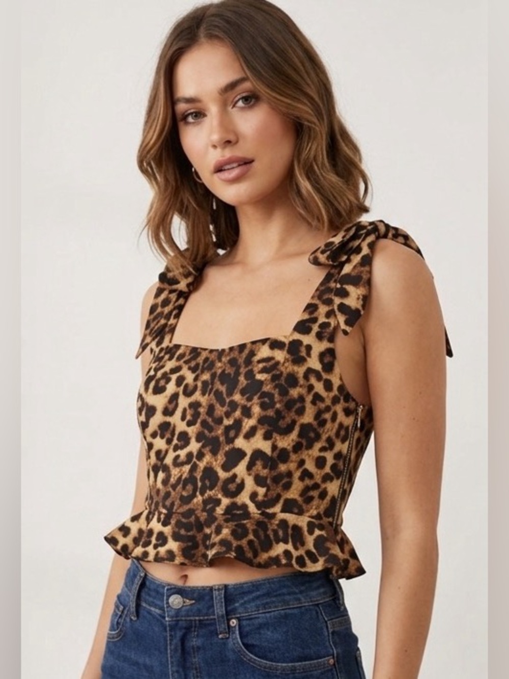 MABLE Leopard Print Tie-Shoulder Cropped Peplum Top -Medium